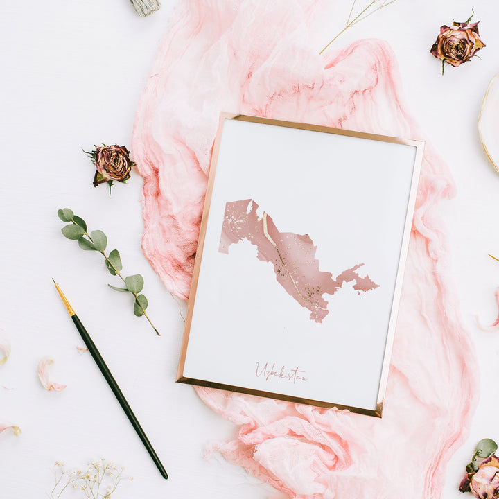 Uzbekistan Map Pink and Gold Wall Art Print
