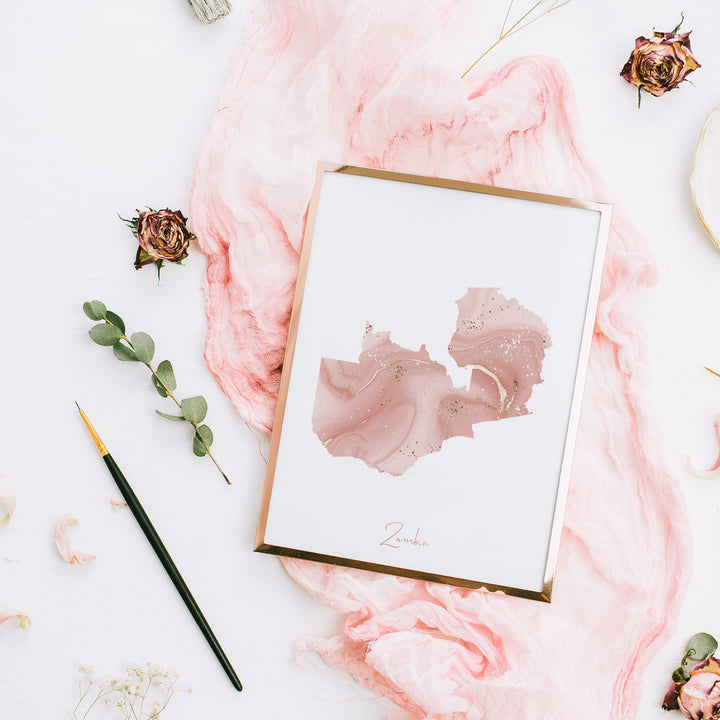Zambia Map Pink and Gold Wall Art Print