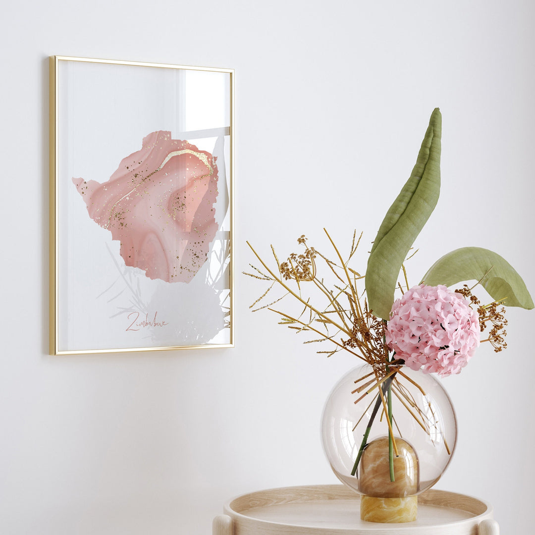 Zimbabwe Map Pink and Gold Wall Art Print