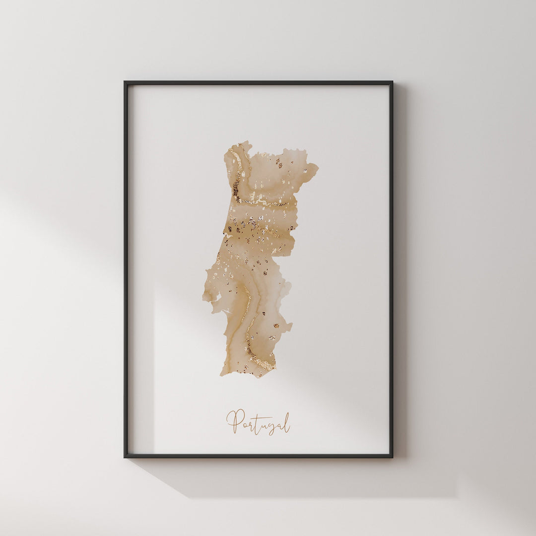 Portugal Map Beige & Gold Wall Art Print