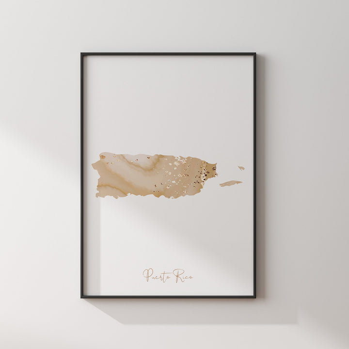 Puerto Rico Map Beige & Gold Wall Art Print