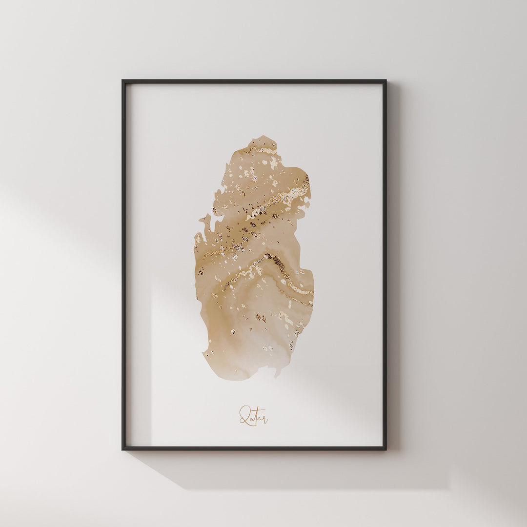 Qatar Map Beige & Gold Wall Art Print