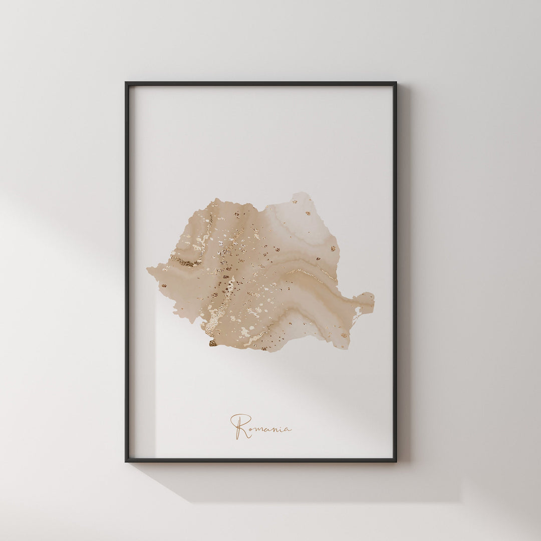 Romania Map Beige & Gold Wall Art Print