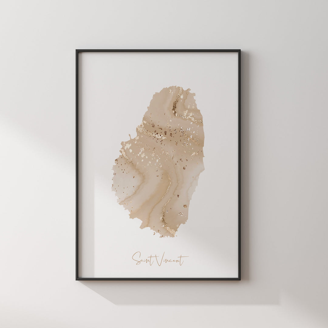 Saint Vincent Map Beige and Gold Wall Art Print
