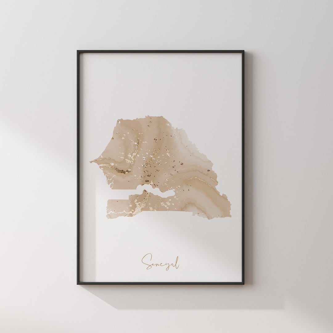 Senegal Map Beige and Gold Wall Art Print