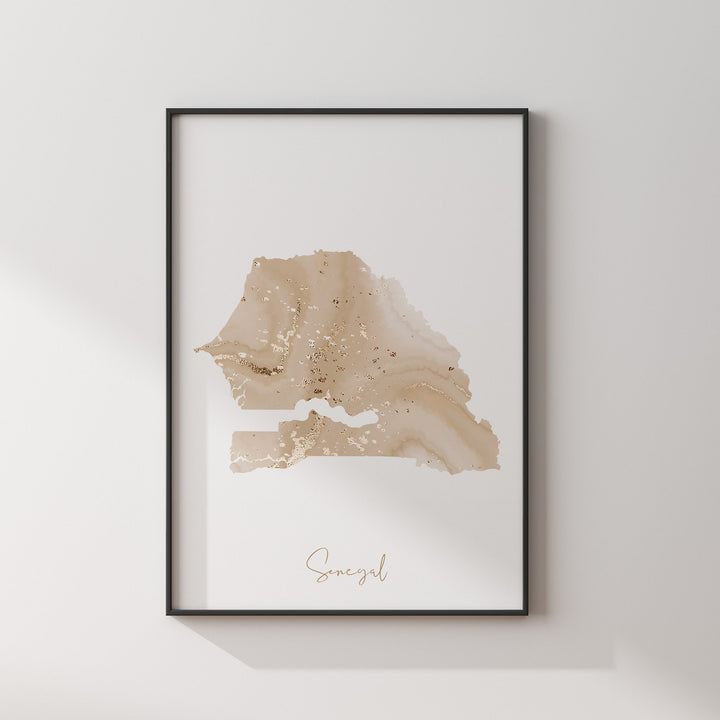 Senegal Map Beige and Gold Wall Art Print