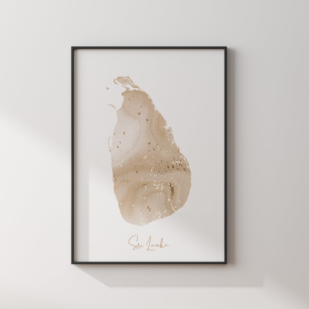 Sri Lanka Map Beige and Gold Wall Art Print
