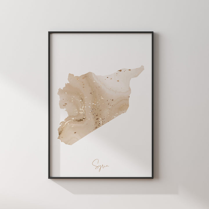 Syria Map Beige and Gold Wall Art Print