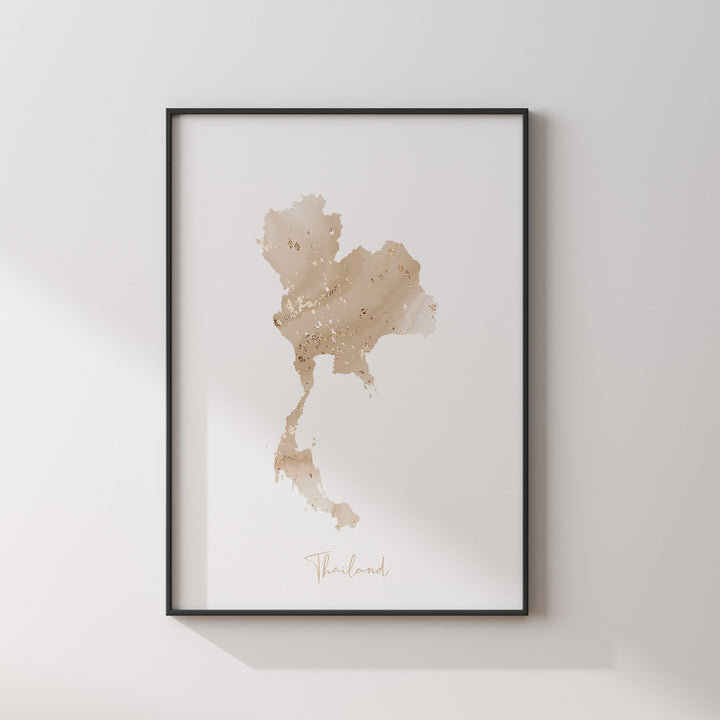 Thailand Map Beige and Gold Wall Art Print