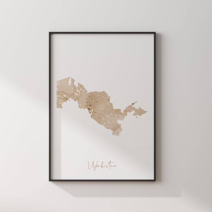 Uzbekistan Map Beige and Gold Wall Art Print