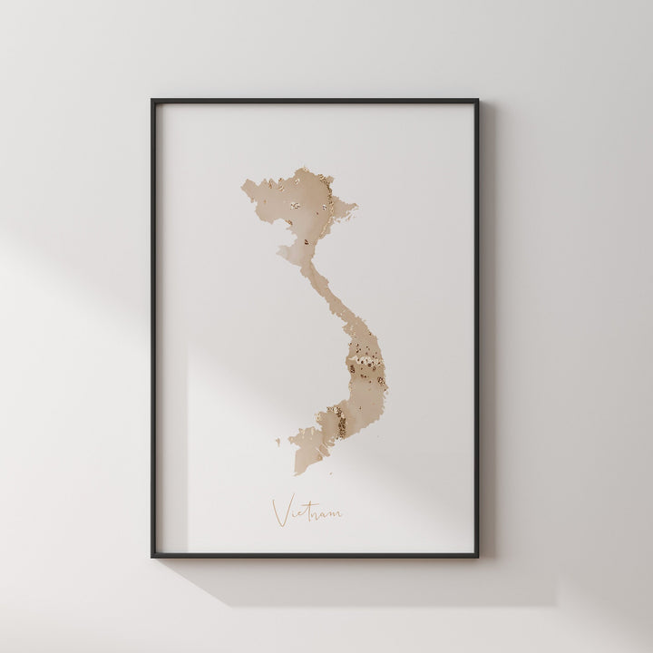Vietnam Map Beige and Gold Wall Art Print