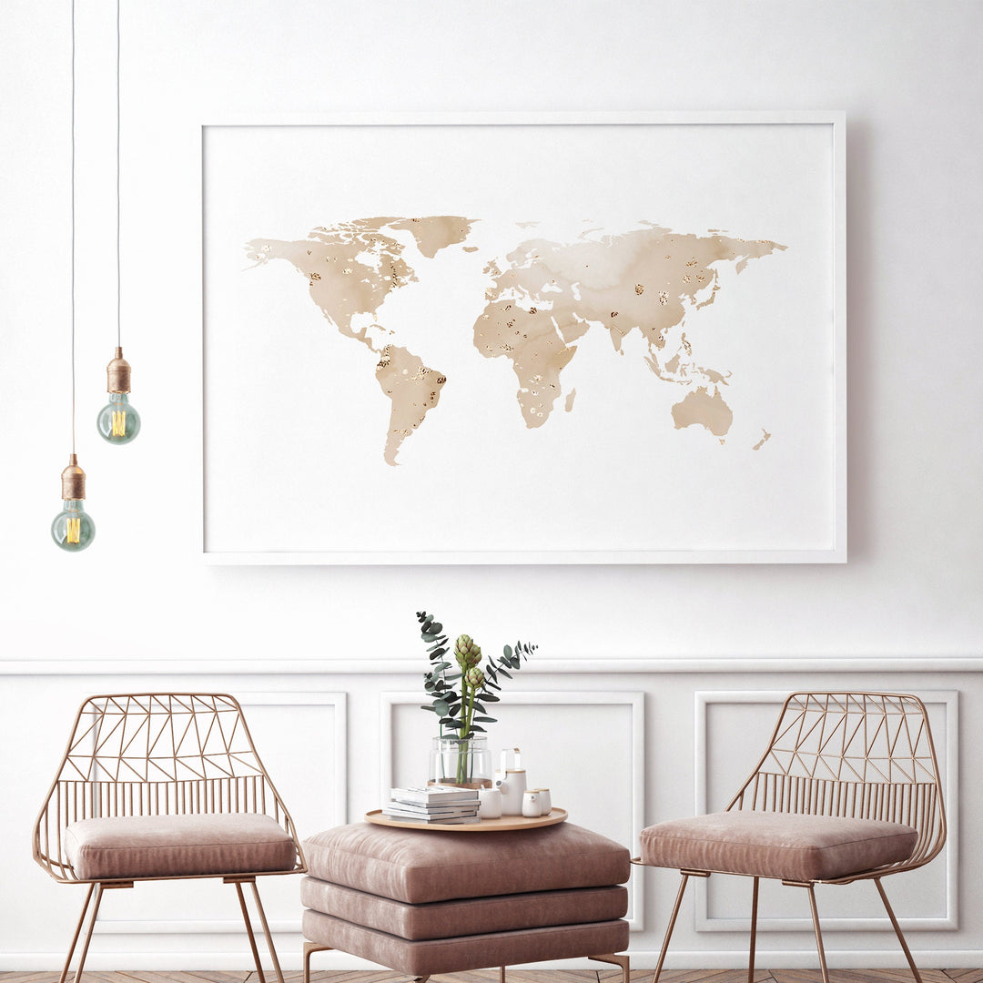 World Map Beige and Gold Wall Art Print | Map of The World