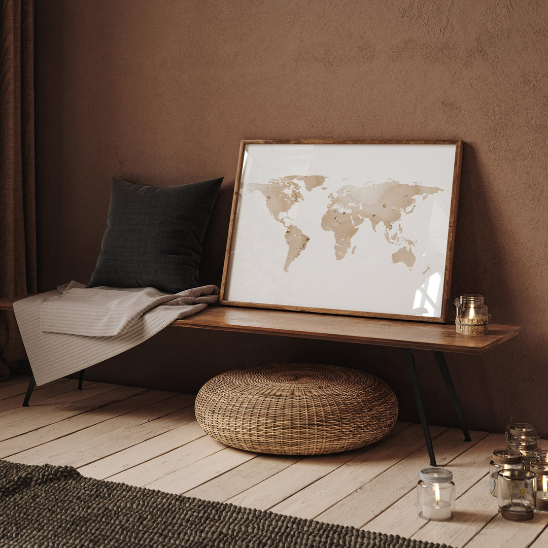 World Map Beige and Gold Wall Art Print | Map of The World