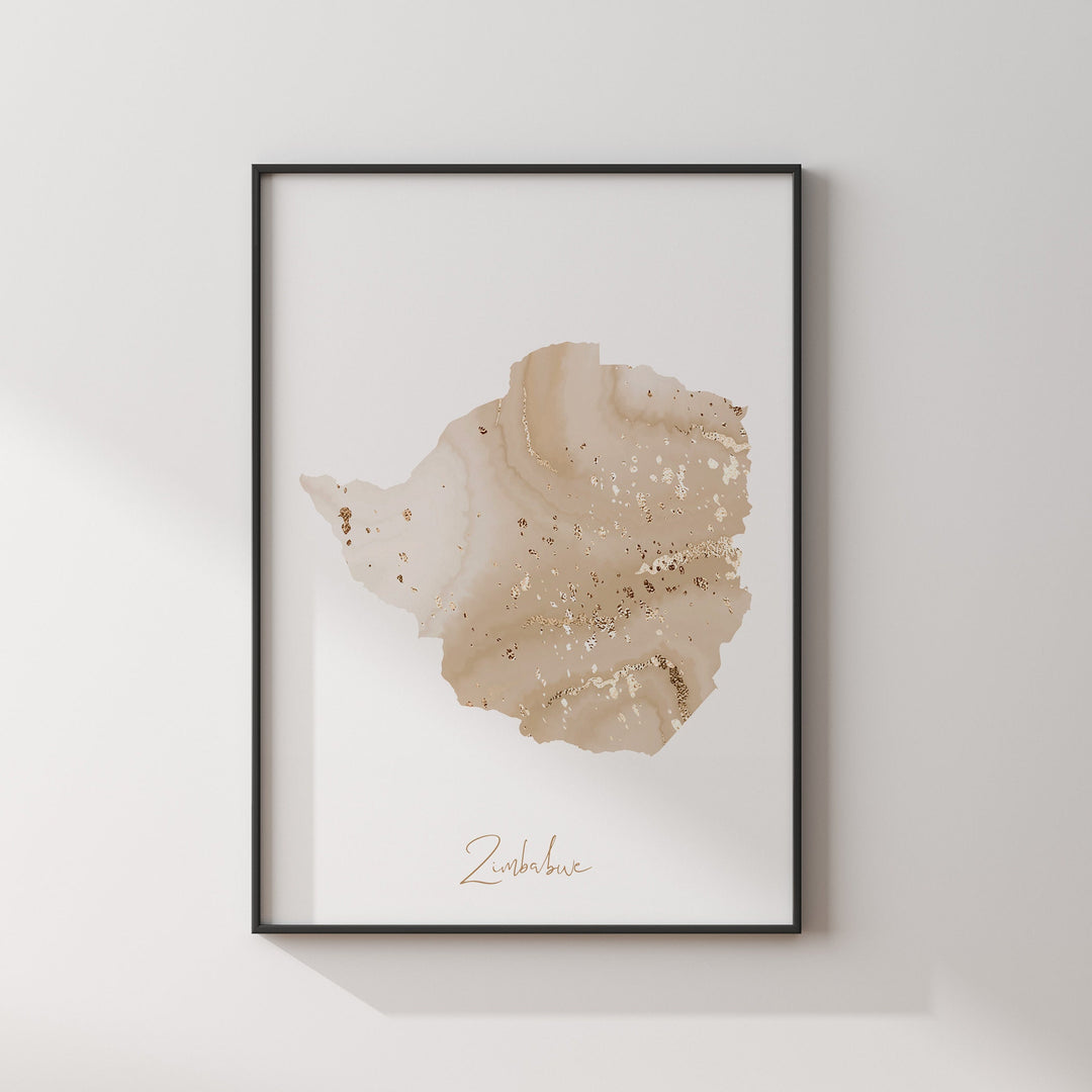Zimbabwe Map Beige and Gold Wall Art Print