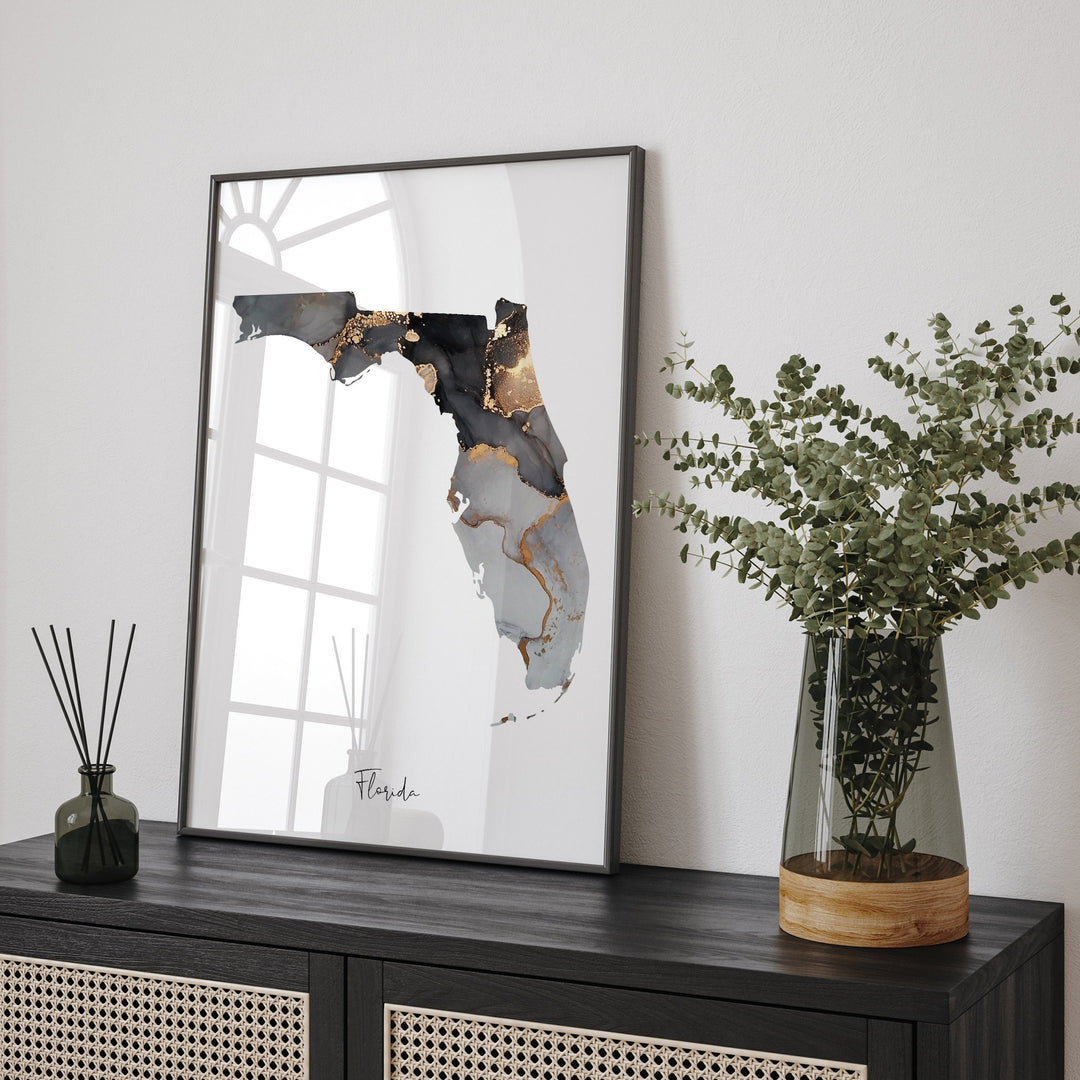 Florida Map Black & Gold Wall Art Print US State