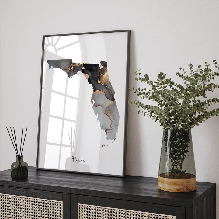 Florida Map Black & Gold Wall Art Print US State