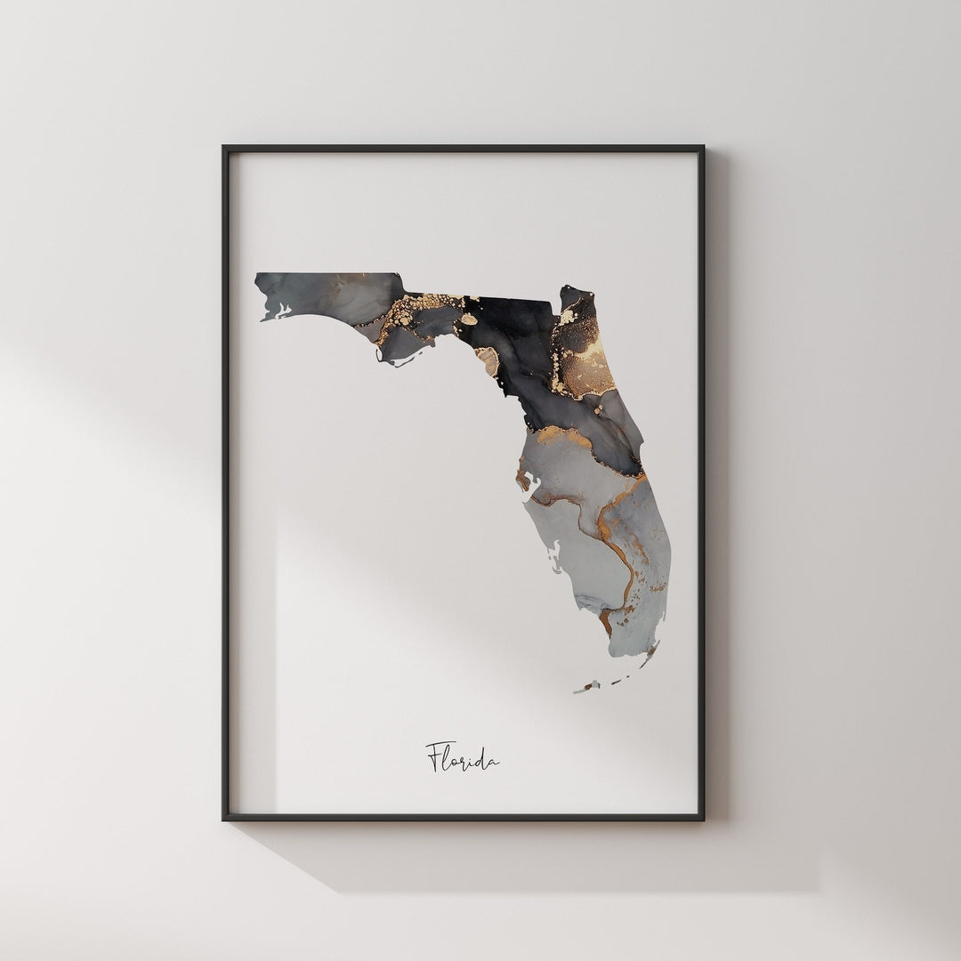 Florida Map Black & Gold Wall Art Print US State