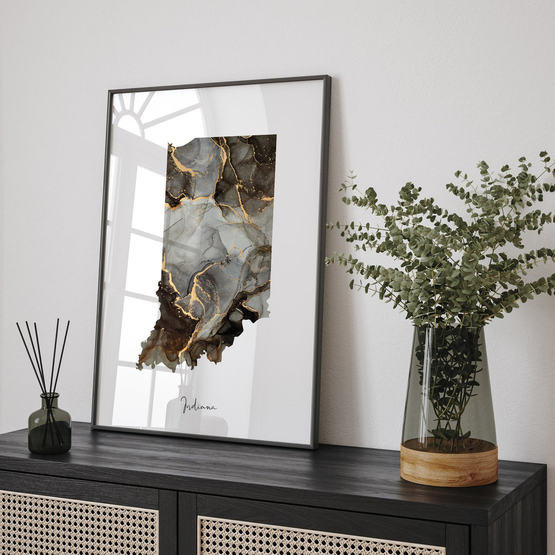 Indiana Map Black & Gold Wall Art Print US State | USA | United States of America