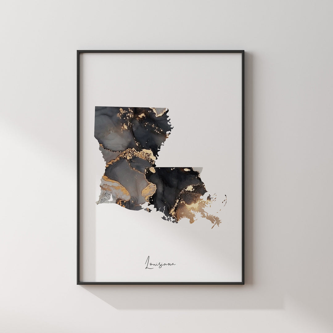 Louisiana Map Black & Gold Wall Art Print US State | USA | United States of America