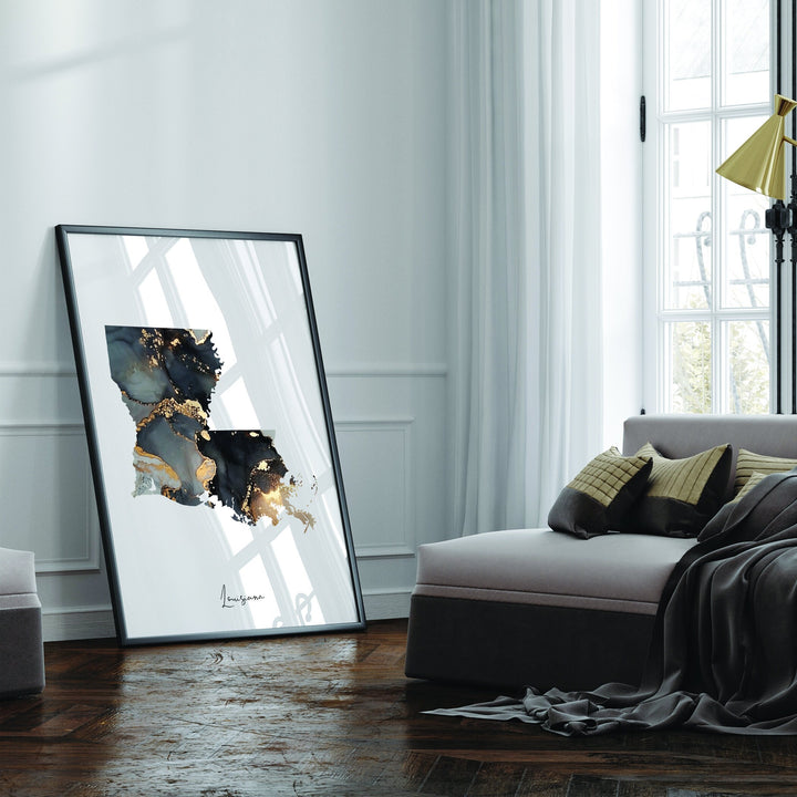 Louisiana Map Black & Gold Wall Art Print US State | USA | United States of America