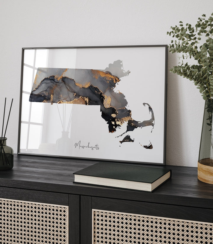 Massachusetts Map Black & Gold Wall Art Print US State | USA | United States of America