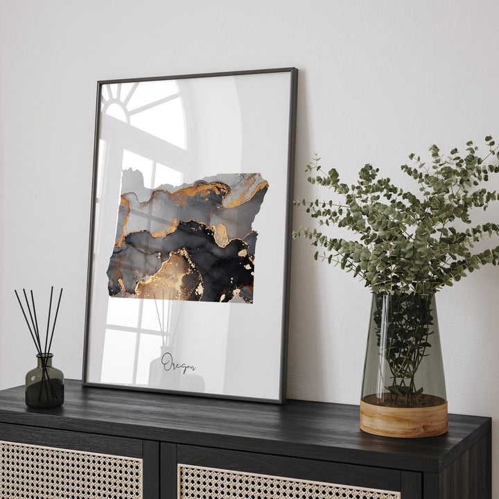 Oregon Map Black & Gold Wall Art Print US State | USA | United States of America