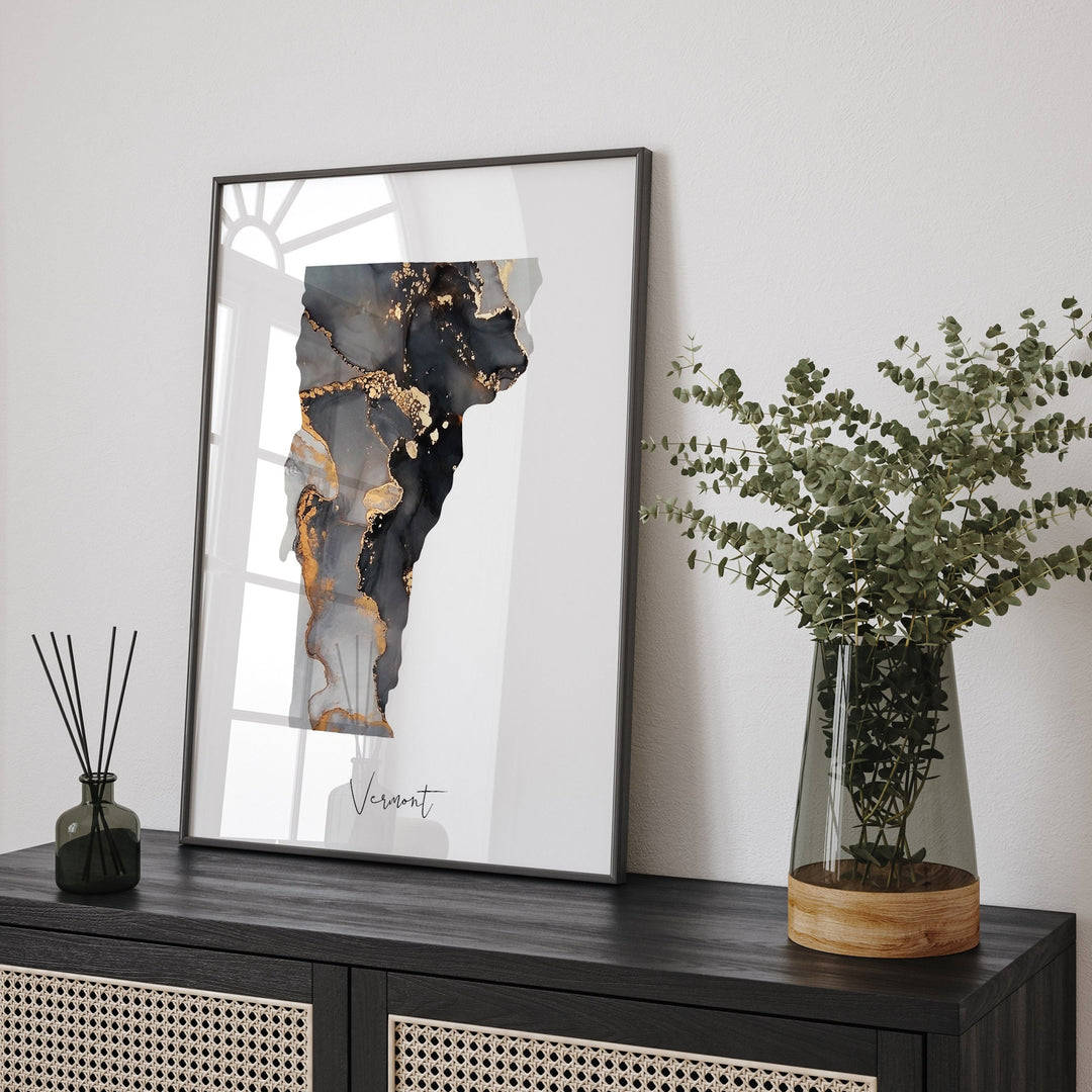 Vermont Map Black & Gold Wall Art Print US State | USA | United States of America