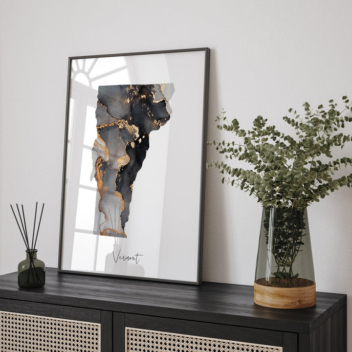 Vermont Map Black & Gold Wall Art Print US State | USA | United States of America