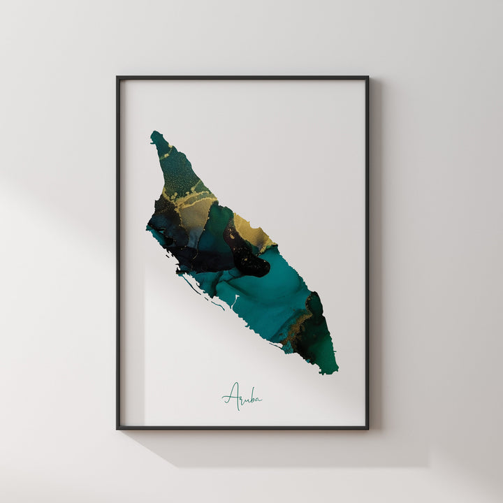 Aruba Map Emerald Green and Gold Wall Art Print