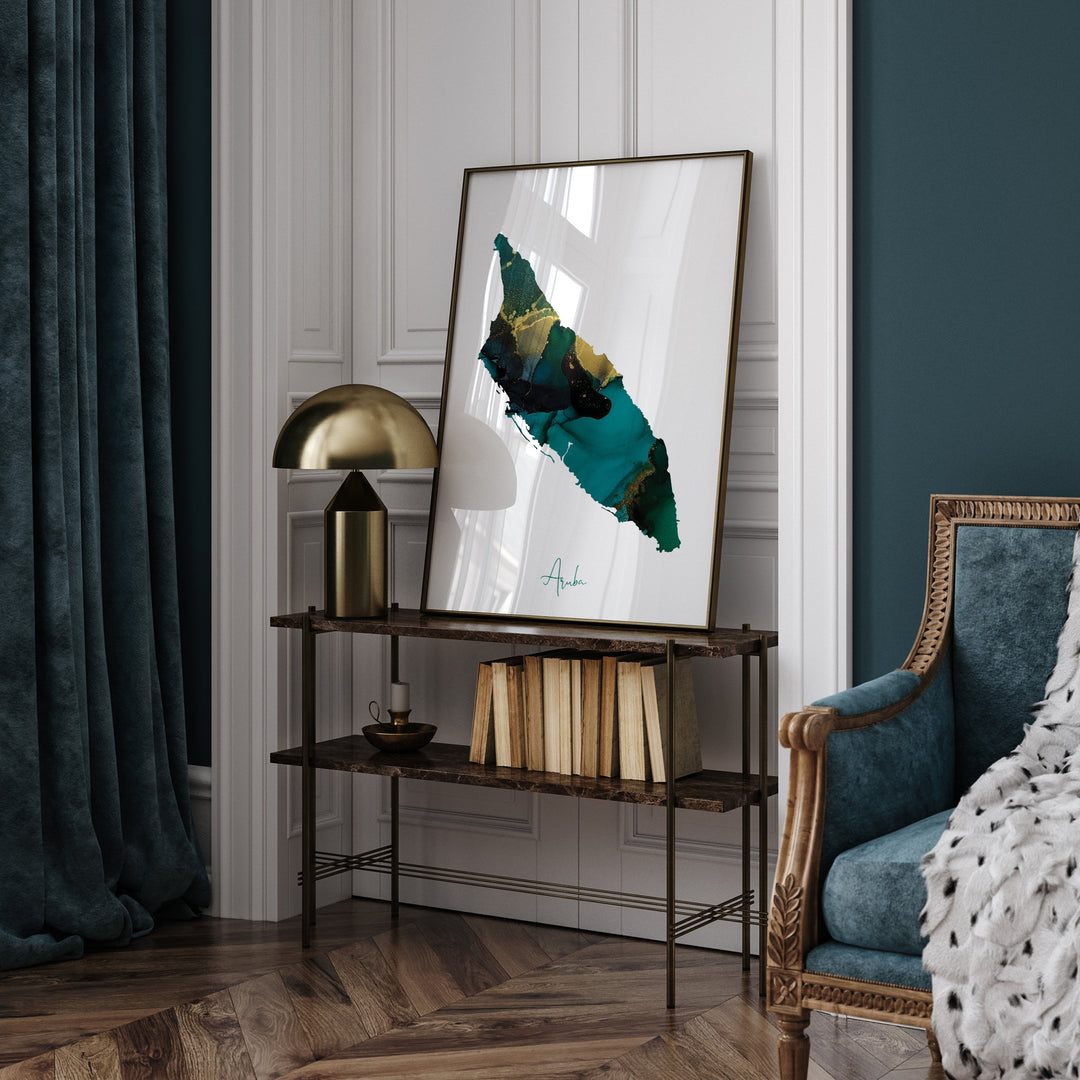 Aruba Map Emerald Green and Gold Wall Art Print