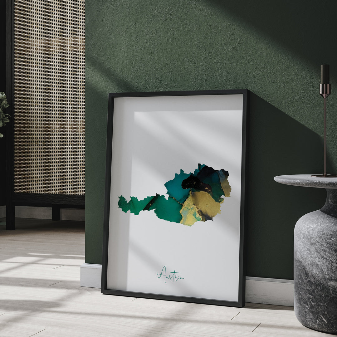 Austria Map Emerald Green and Gold Wall Art Print