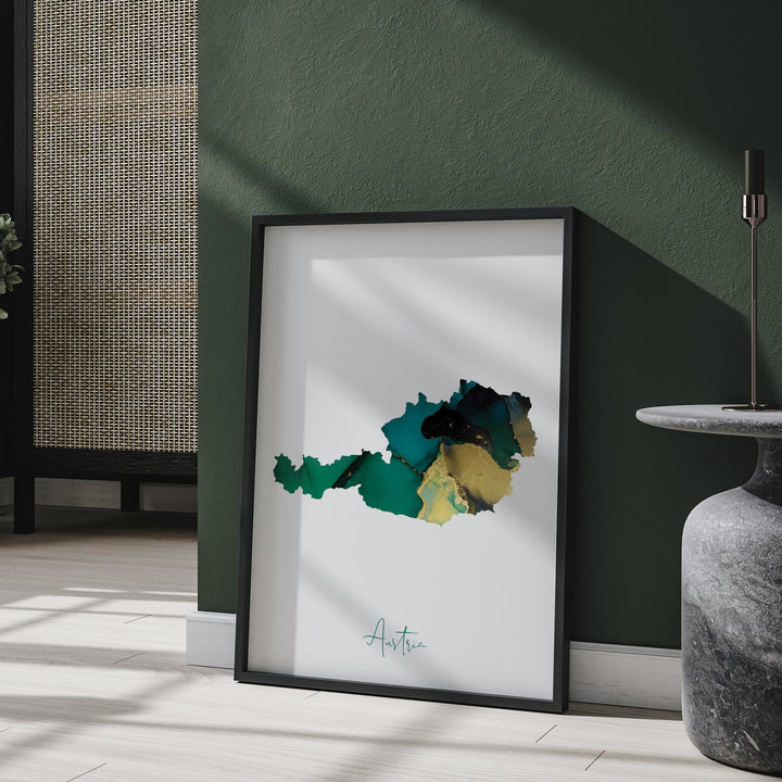 Austria Map Emerald Green and Gold Wall Art Print