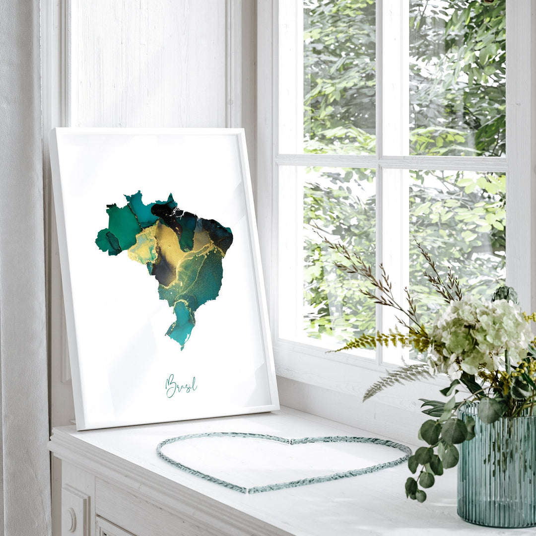 Brazil Map Emerald Green and Gold Wall Art Print