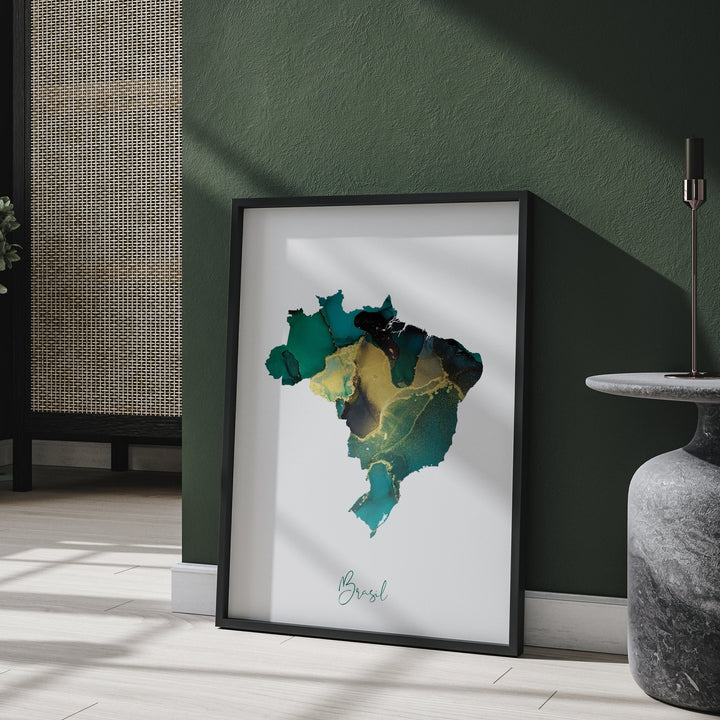 Brazil Map Emerald Green and Gold Wall Art Print