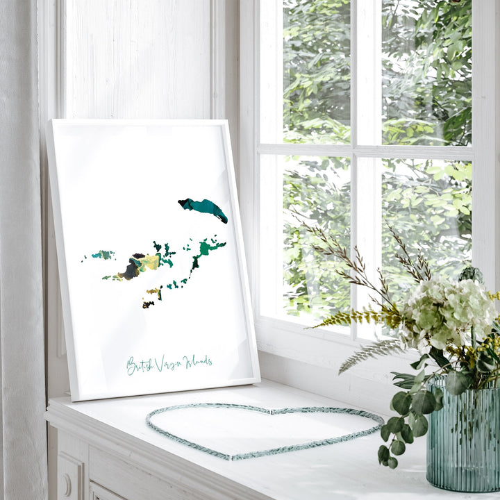 British Virgin Islands Map Emerald Green and Gold Wall Art Print