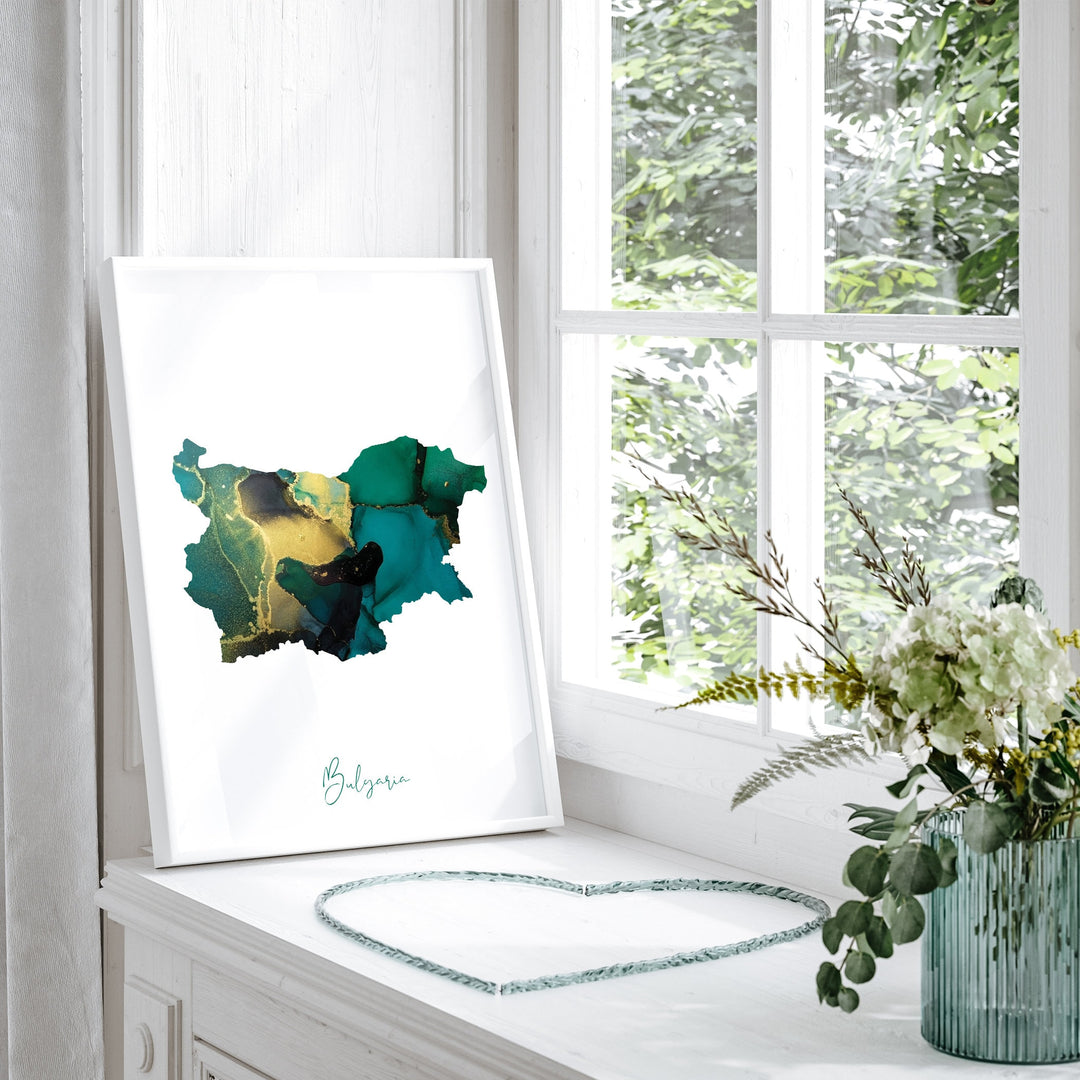 Bulgaria Map Emerald Green and Gold Wall Art Print