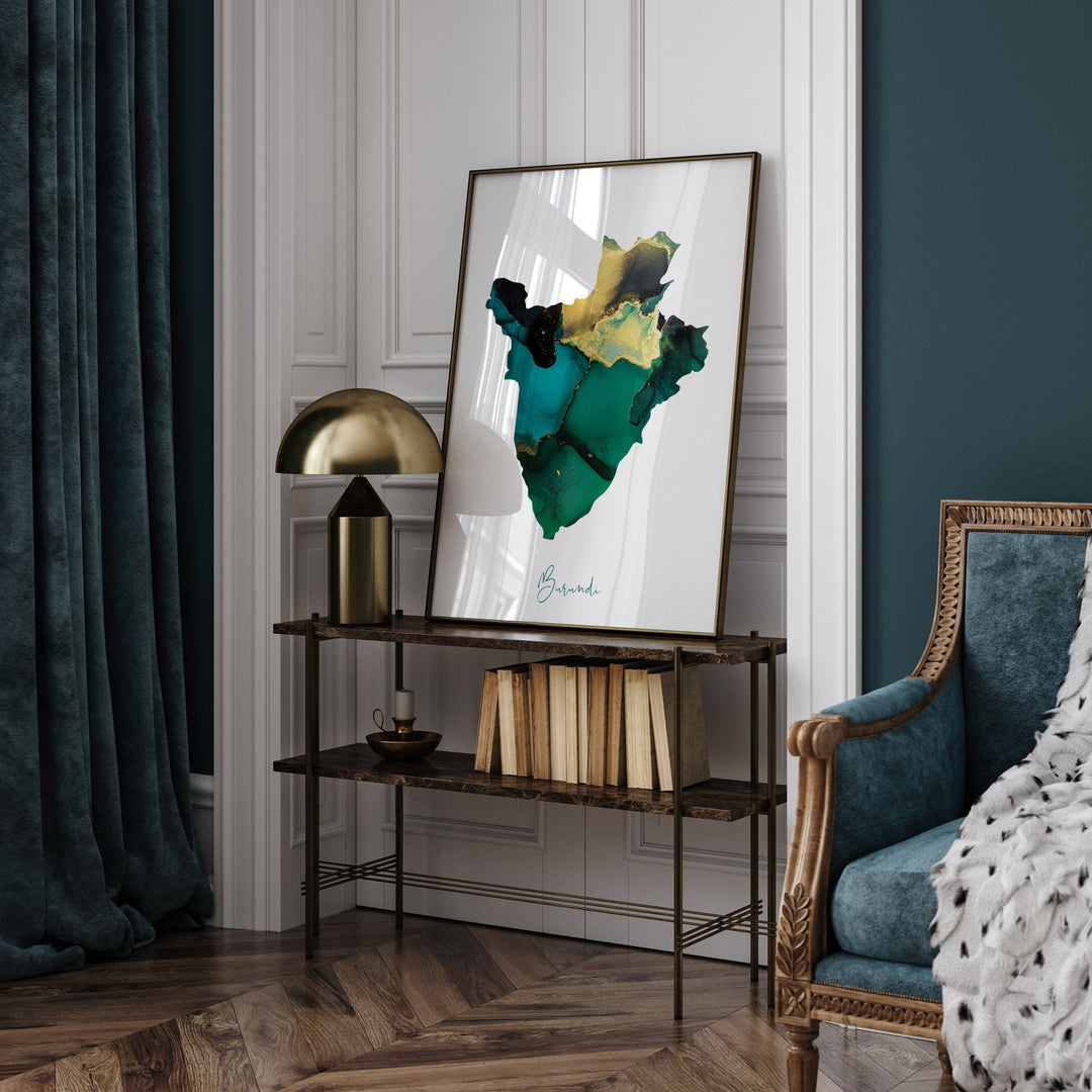 Burundi Map Emerald Green and Gold Wall Art Print