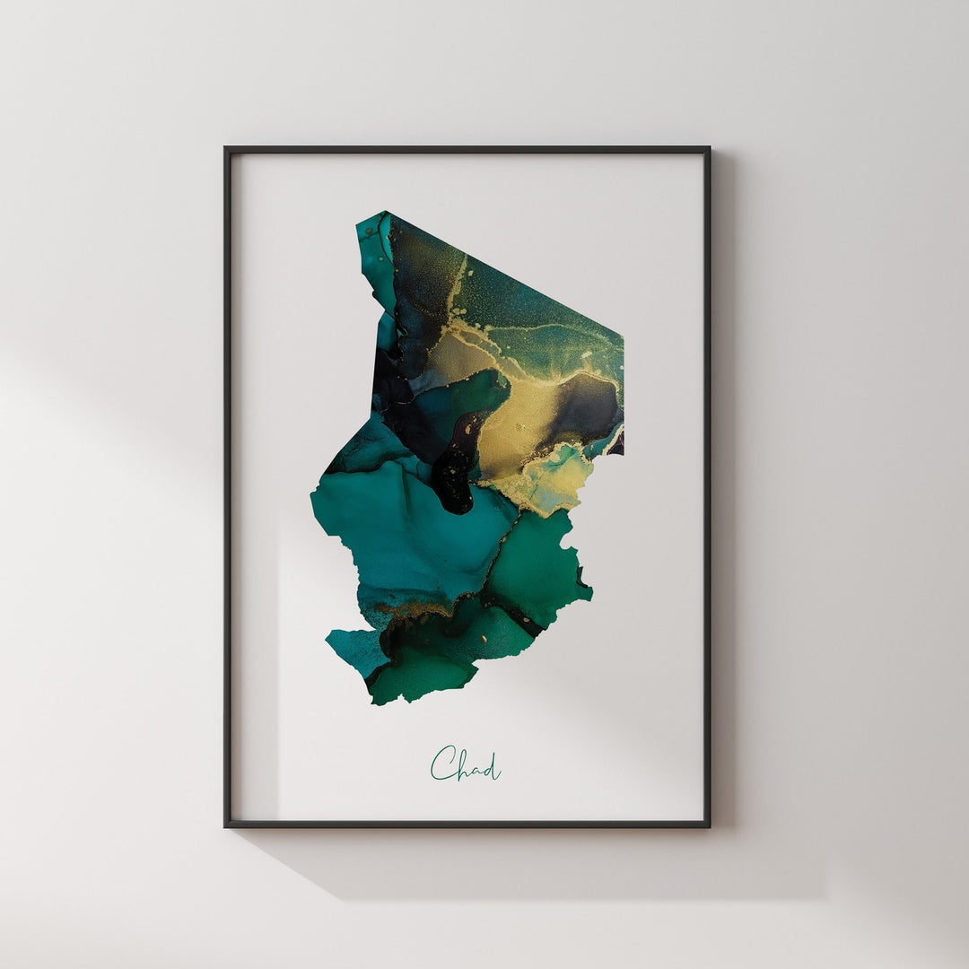 Chad Map Emerald Green and Gold Wall Art Print