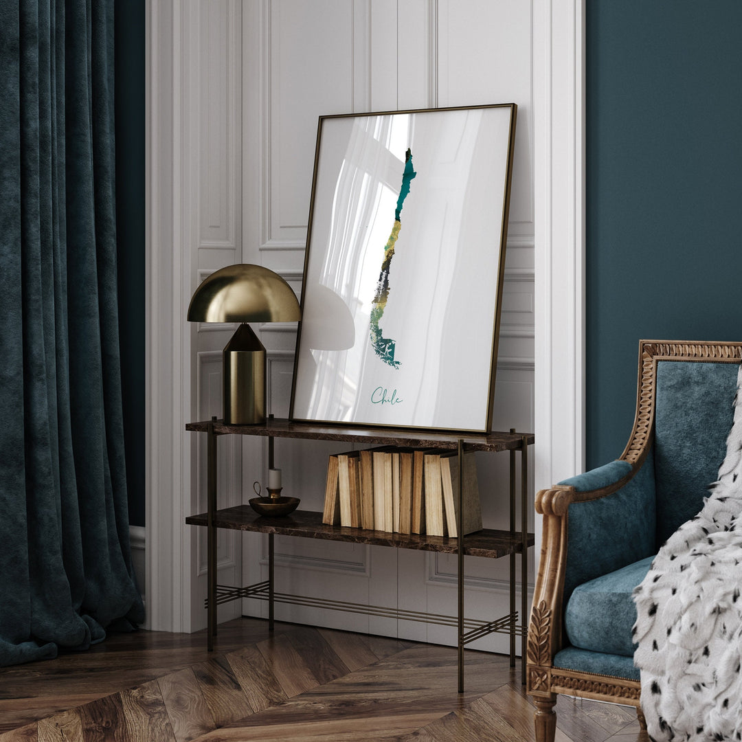 Chile Map Emerald Green and Gold Wall Art Print