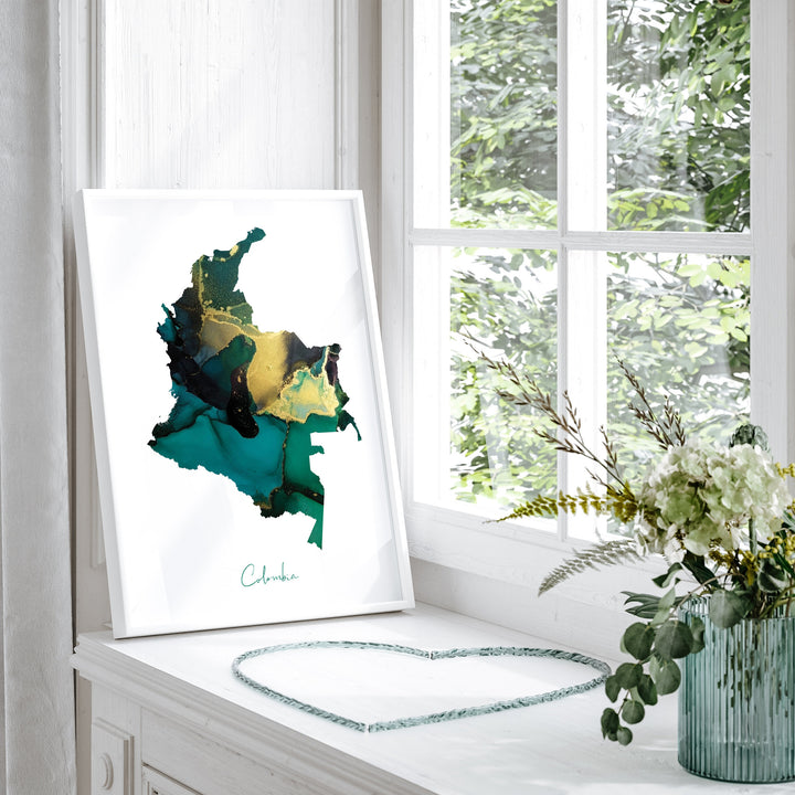 Colombia Map Emerald Green and Gold Wall Art Print