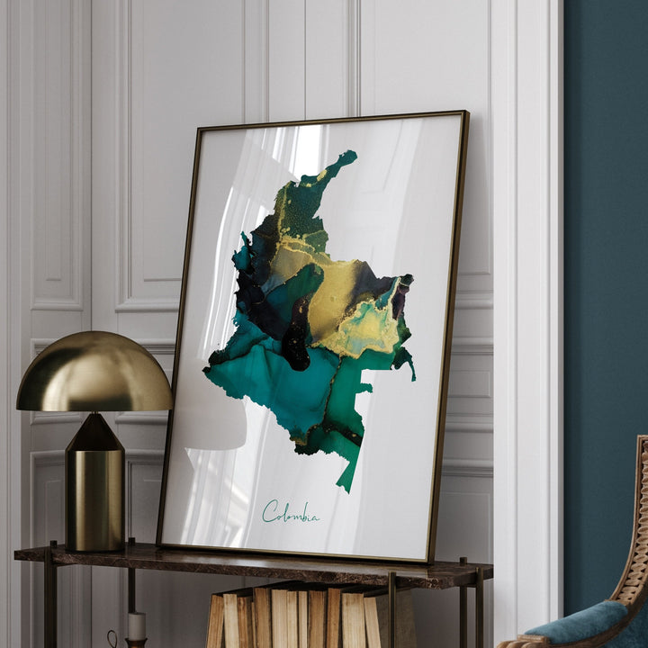 Colombia Map Emerald Green and Gold Wall Art Print