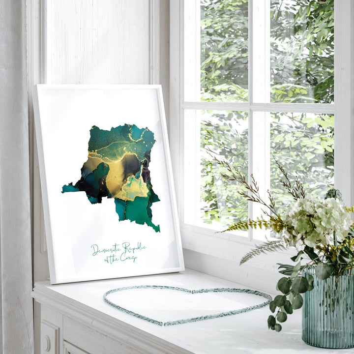 Congo Map Emerald Green and Gold Wall Art Print