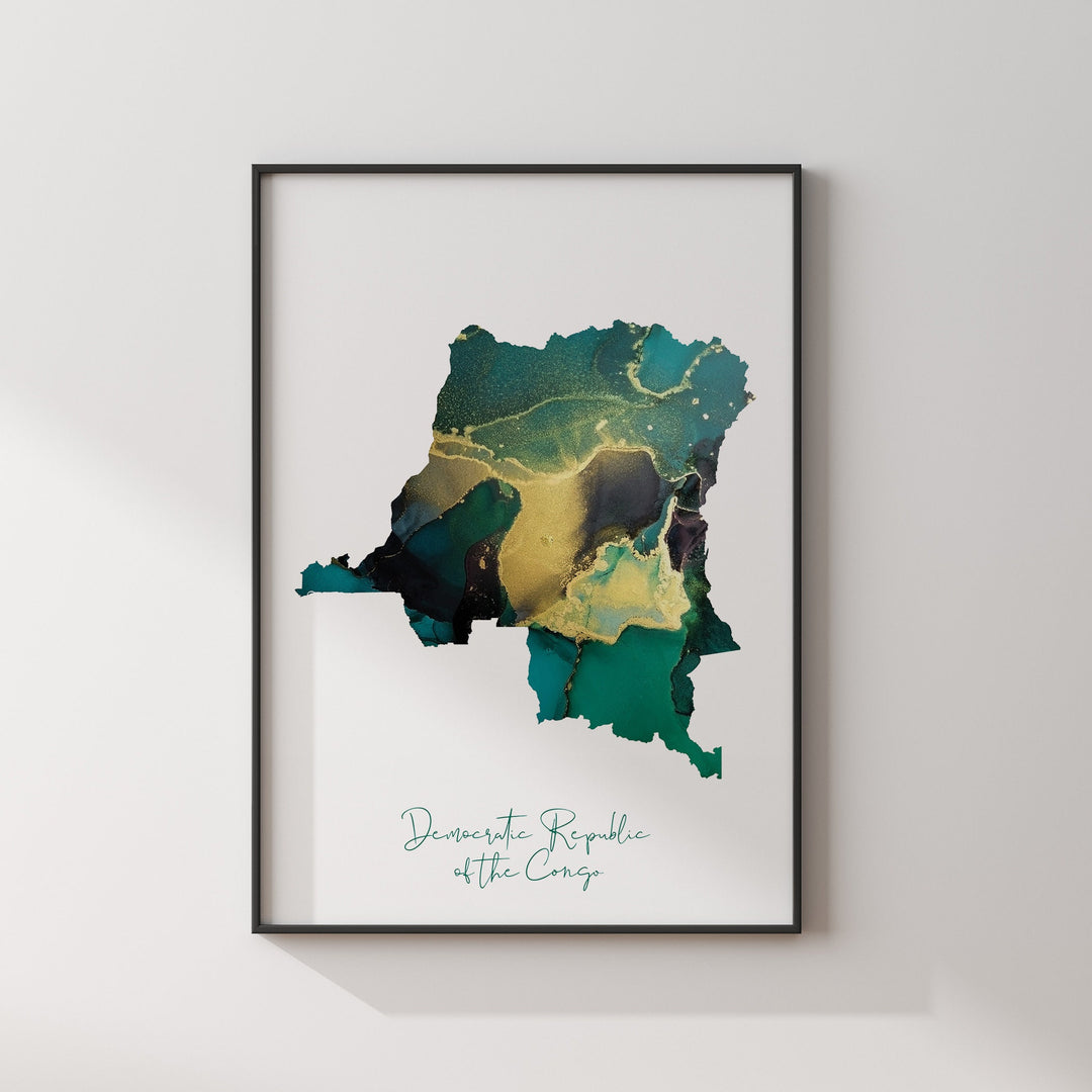 Congo Map Emerald Green and Gold Wall Art Print