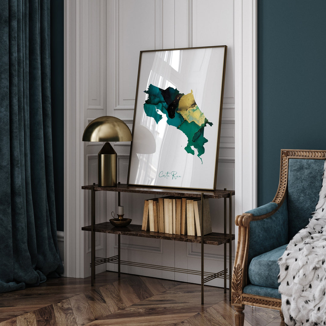Costa Rica Map Emerald Green and Gold Wall Art Print