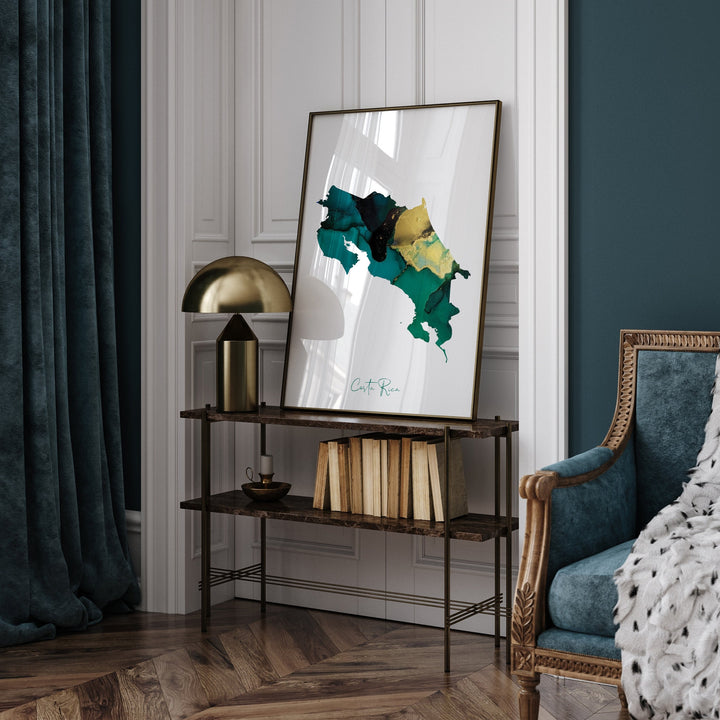 Costa Rica Map Emerald Green and Gold Wall Art Print