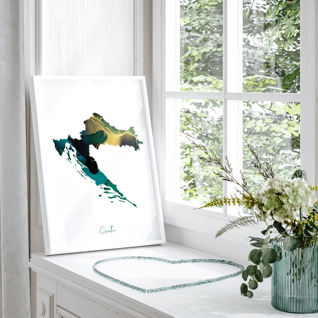 Croatia Map Emerald Green and Gold Wall Art Print
