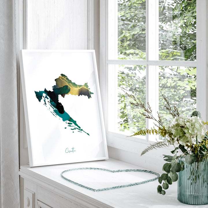Croatia Map Emerald Green and Gold Wall Art Print
