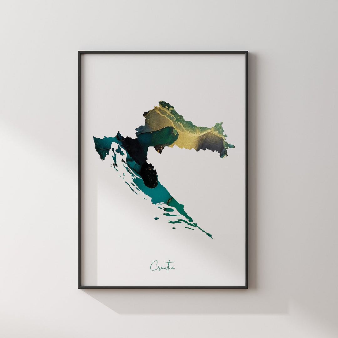 Croatia Map Emerald Green and Gold Wall Art Print