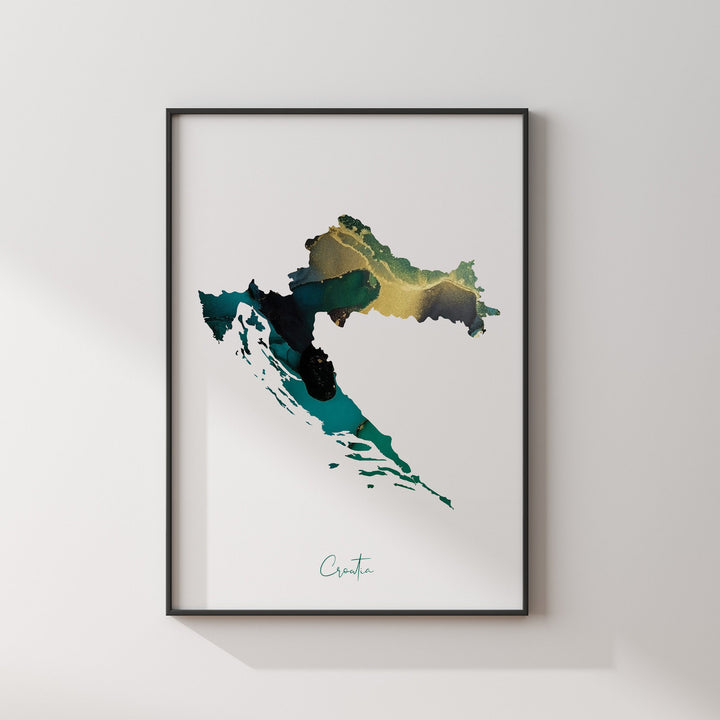 Croatia Map Emerald Green and Gold Wall Art Print