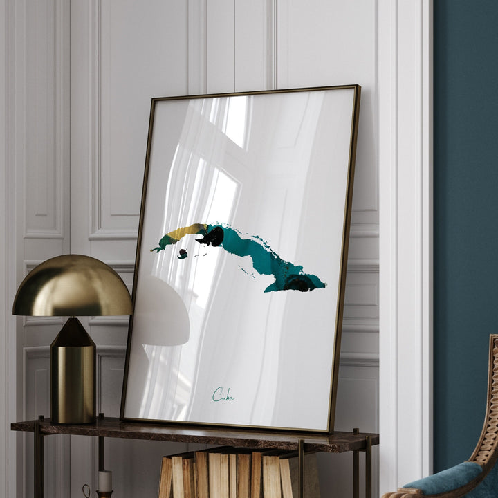 Cuba Map Emerald Green and Gold Wall Art Print
